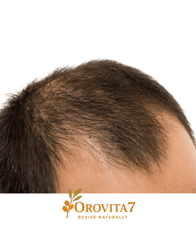 A side profile view of a man's forehead and temple showing a receding hairline, a common stage of male hair loss.