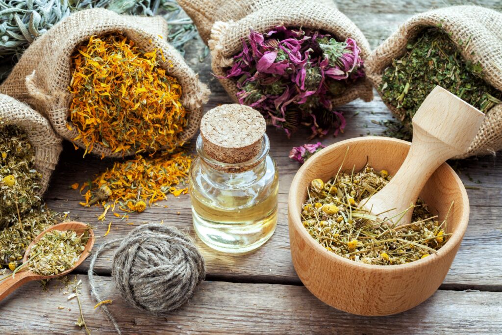 Ayurvedic Wellness setup with herbal powders, leaves, and natural remedies