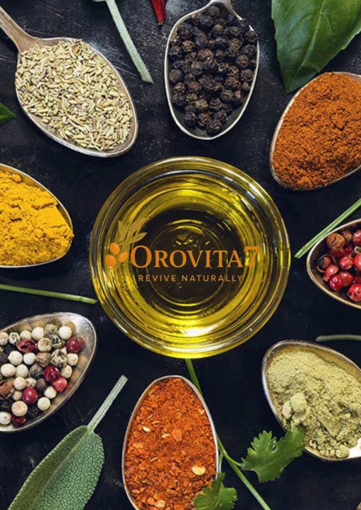 Natural herbs, spices, and herbal oil with Orovita7 branding for nutraceutical wellness and holistic health