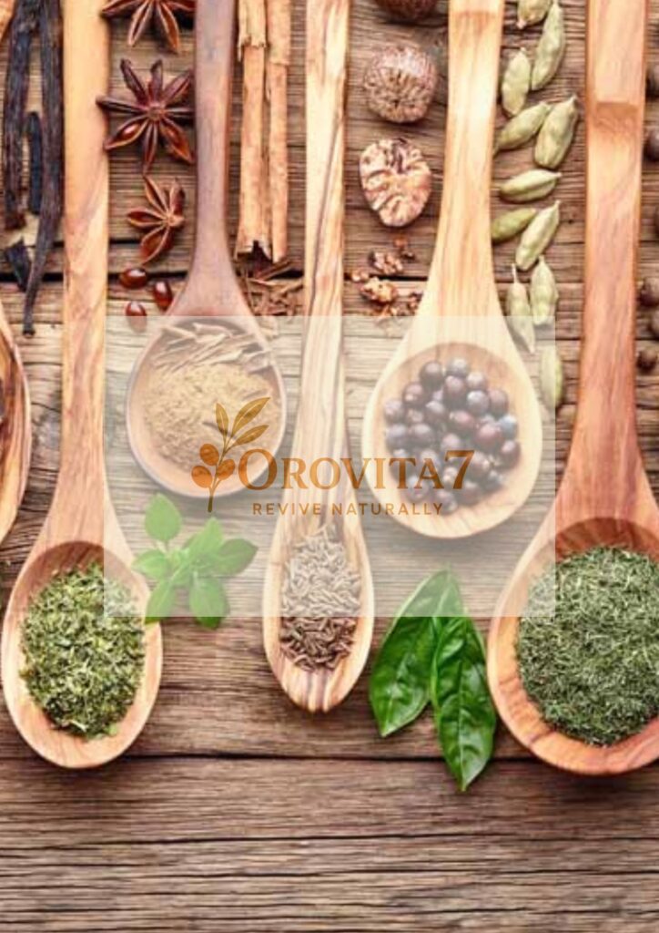 Assorted herbs and spices in wooden spoons with Orovita7 branding for natural health and nutraceutical benefits