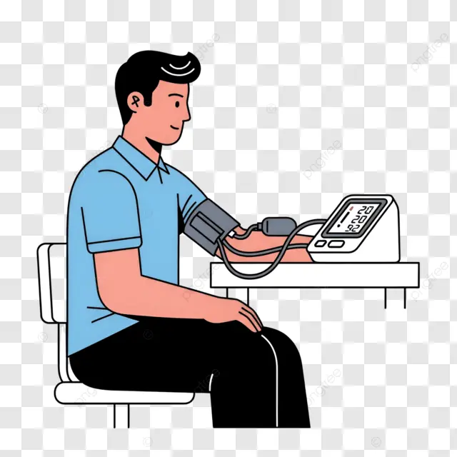 A flat-style medical illustration of a man sitting at a desk using a digital home monitor to check for high blood pressure, with the cuff properly positioned on his upper arm.