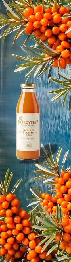 A glass bottle of Orovita7 Premium Sea Buckthorn Juice centered against a blue background, surrounded by vibrant orange sea buckthorn berries and silvery-green leaves. The label highlights that the juice is 100% pure, organic, and cold-pressed, often used as a natural supplement to support digestion and overall wellness.