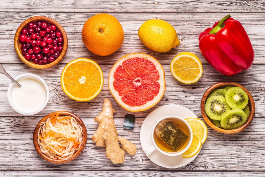 Immune Support foods with citrus fruits, berries, and natural ingredients