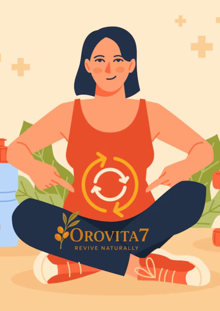 A flat vector illustration of a woman sitting in a yoga pose with circular arrows over her midsection indicating metabolic flow, featuring the OroVita7 Revive Naturally logo.