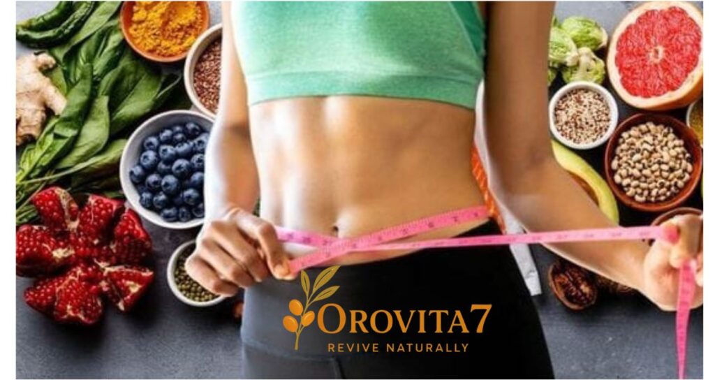 A woman measuring her waist with a pink tape measure surrounded by bowls of nutrient-dense medical foods like pomegranate, blueberries, and legumes with the OroVita7 logo.
