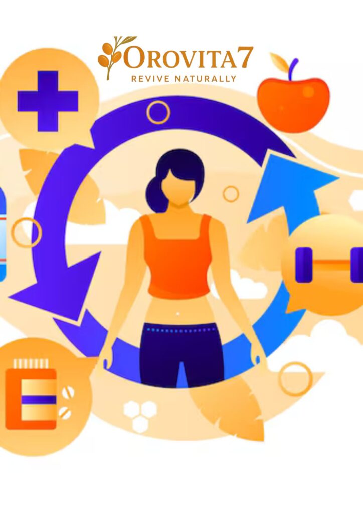 An abstract medical graphic showing a woman centered within a blue circular arrow cycle surrounded by icons for exercise, medical care, and nutrition under the OroVita7 brand.