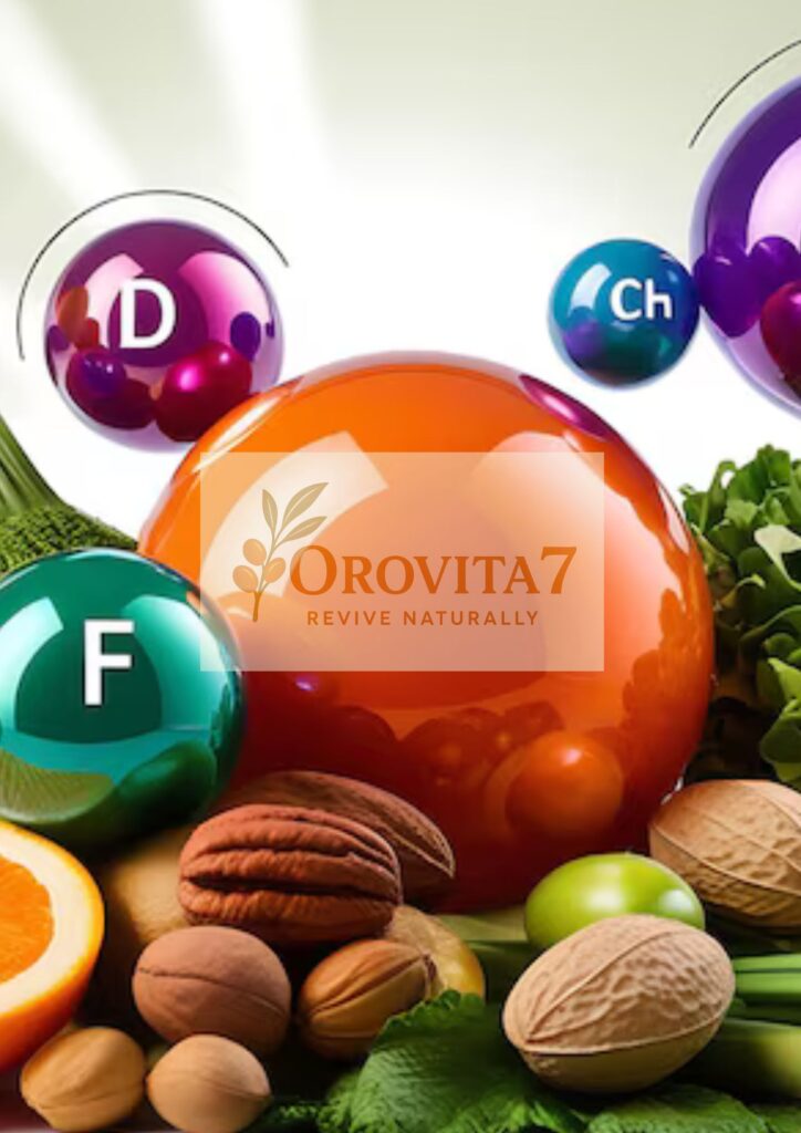 A conceptual 3D render of various minerals and vitamins surrounded by healthy nuts and vegetables to promote OroVita7's wellness mission.