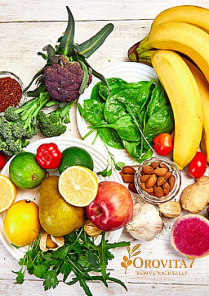 A vibrant flat lay of mineral-rich foods including bananas, spinach, almonds, and citrus fruits, featuring the OroVita7 logo.