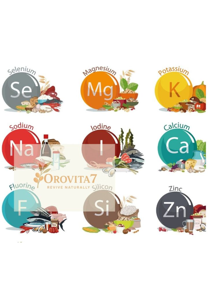 An educational infographic by OroVita7 showcasing various minerals like Magnesium, Calcium, and Zinc with their natural food sources.