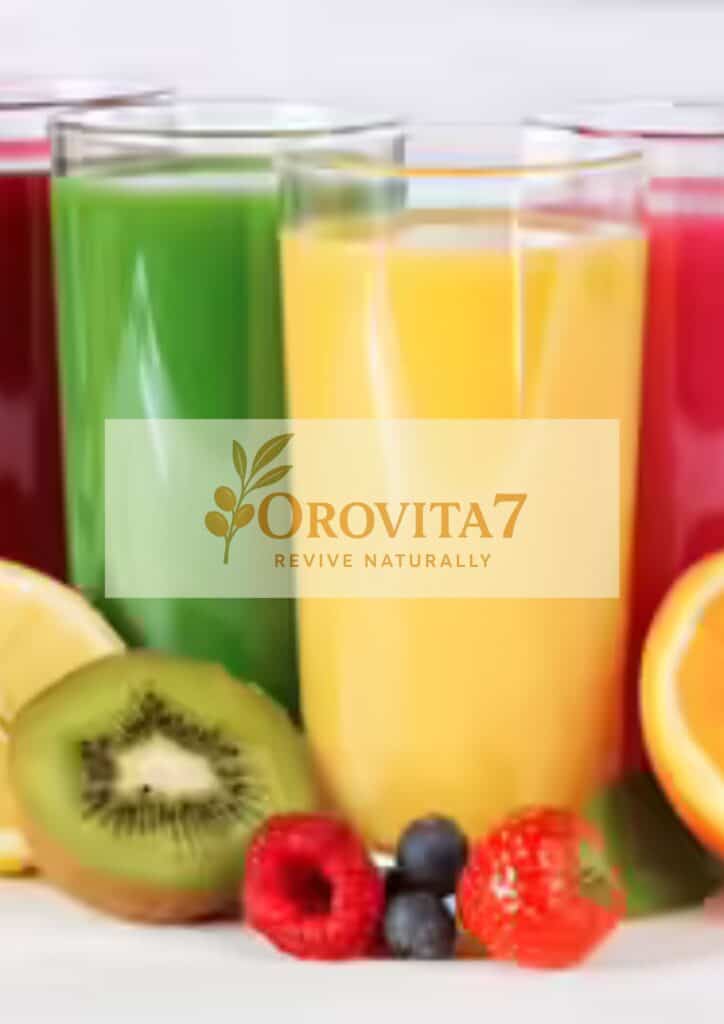 A vibrant selection of green, yellow, and red juices in glasses surrounded by fresh kiwi, strawberries, and blueberries, featuring the OroVita7 logo on a translucent background.