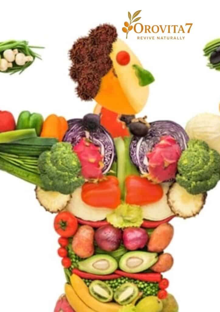 An artistic representation of a human torso made entirely of fresh vegetables and fruits, showcasing total body wellness.