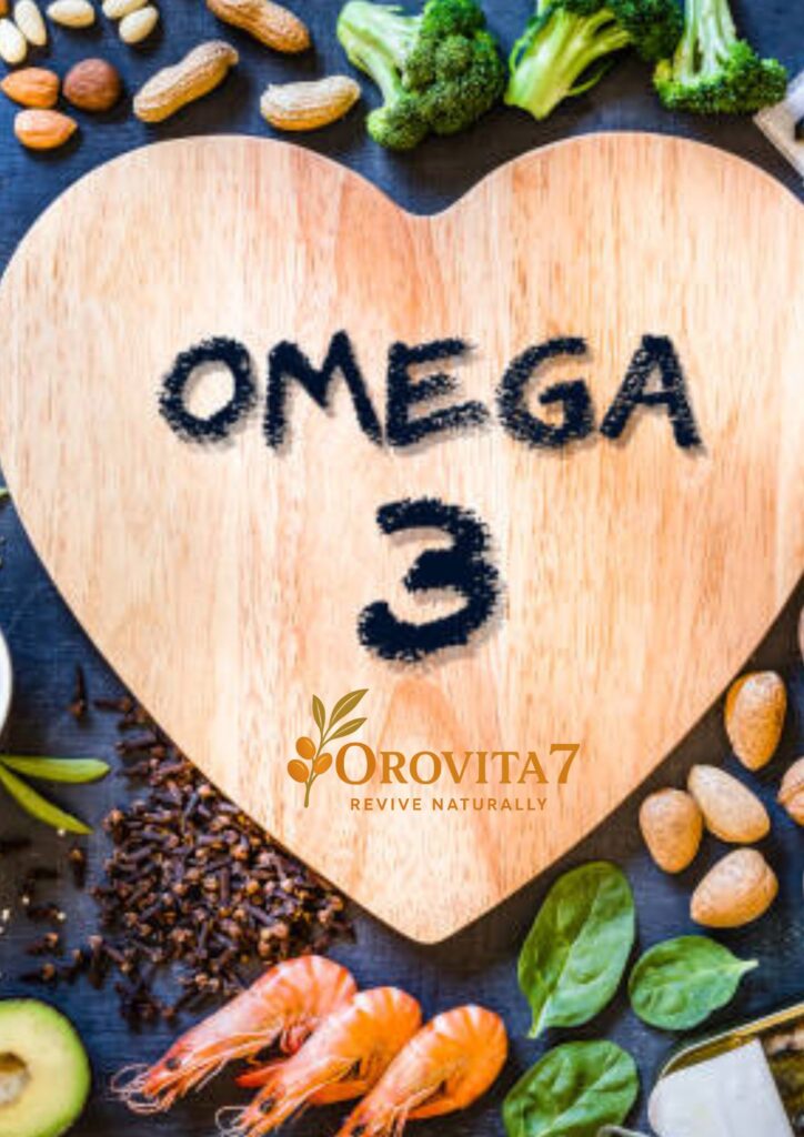 A top-down view of a heart-shaped wooden cutting board with "OMEGA 3" written on it. The board is surrounded by healthy ingredients like broccoli, almonds, peanuts, cloves, and shrimp. The OroVita7 logo "Revive Naturally" is centered at the bottom of the heart.
