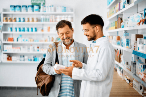A male pharmacist in a white lab coat discusses a product with a middle-aged male customer inside a pharmacy. The OROVITA7 logo is centered over the interaction, emphasizing a focus on natural health guidance.