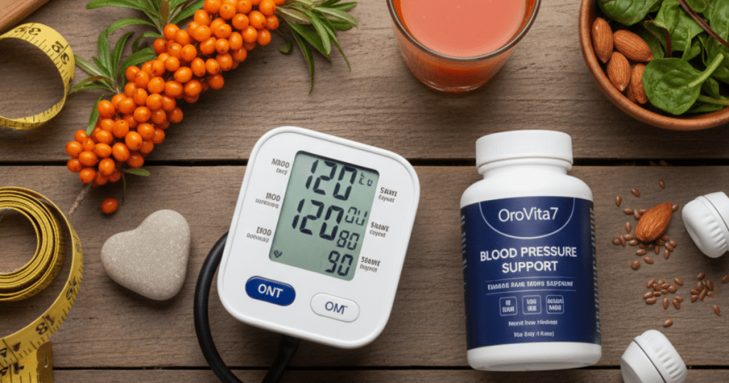 A flat-lay scene featuring a digital blood pressure monitor with a healthy reading of 120 over 80 next to a bottle of OroVita7 Blood Pressure Support capsules, fresh sea buckthorn berries, orange juice, and a healthy salad.