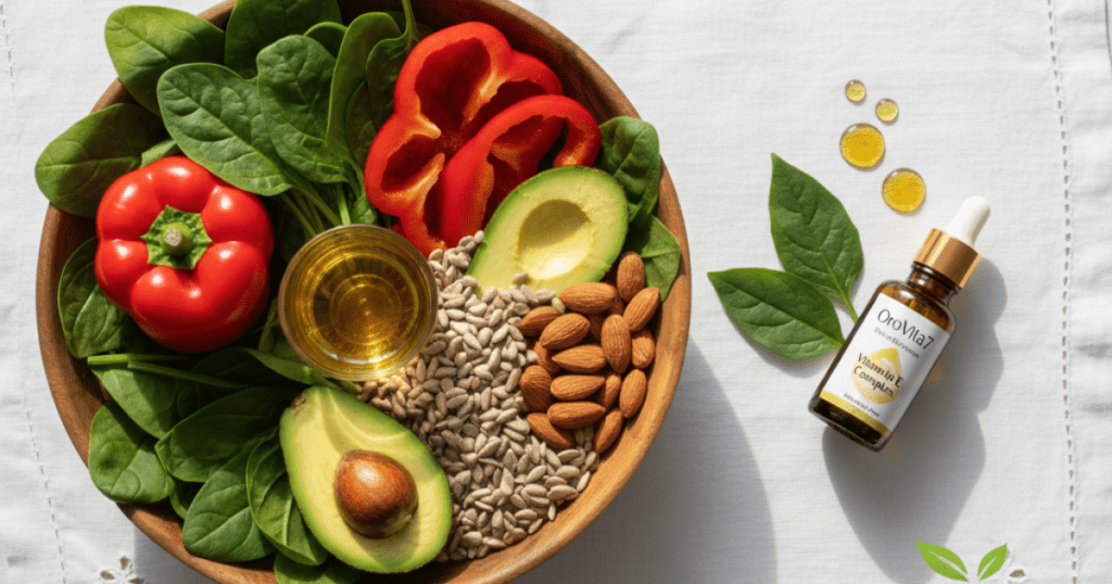 Bowl of spinach, avocado, red bell pepper, sunflower seeds, almonds, and olive oil with an Orovita7 Vitamin E complex supplement bottle for natural nutrition and wellness.