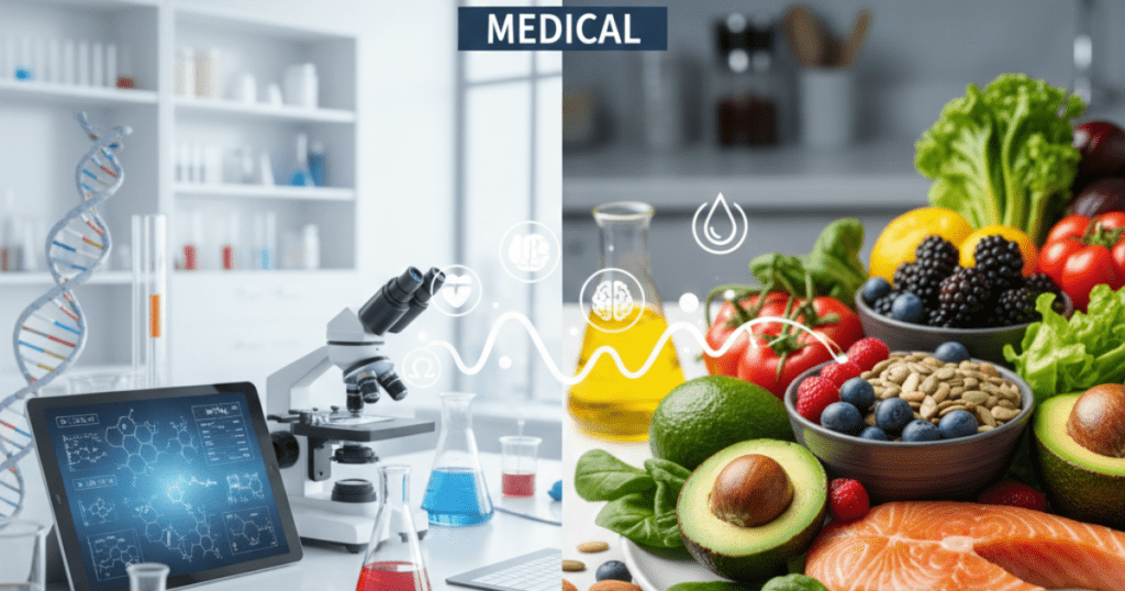 A split-screen image showing a high-tech medical laboratory with a microscope on the left and a variety of fresh superfoods like salmon, avocado, and berries on the right, representing the link between science and health.