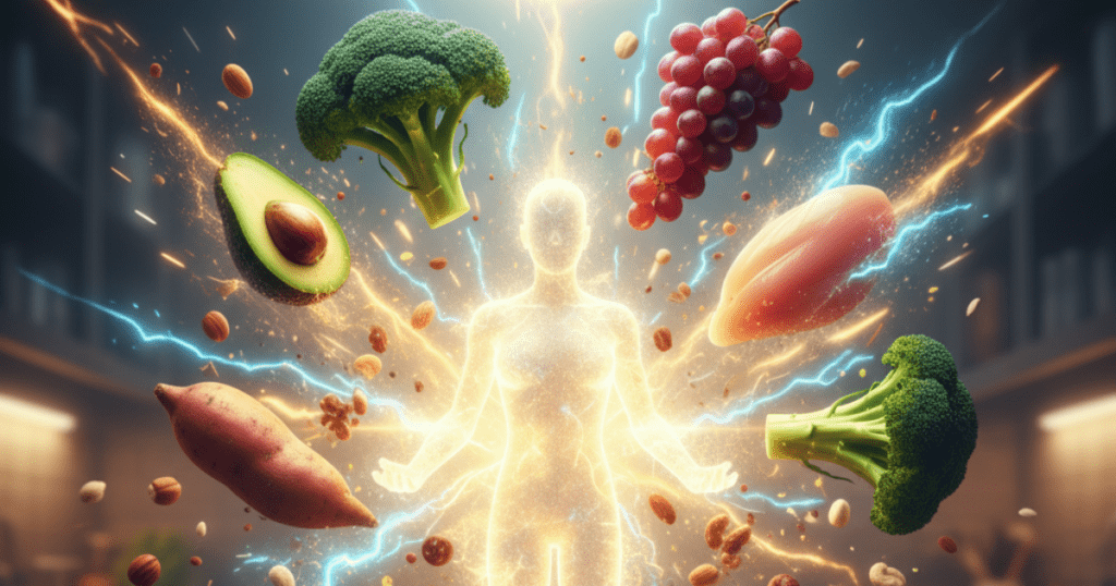 A glowing, translucent human silhouette surrounded by floating healthy foods like broccoli, avocado, sweet potato, and grapes, with electric energy bolts connecting the food to the body to represent the metabolic process.