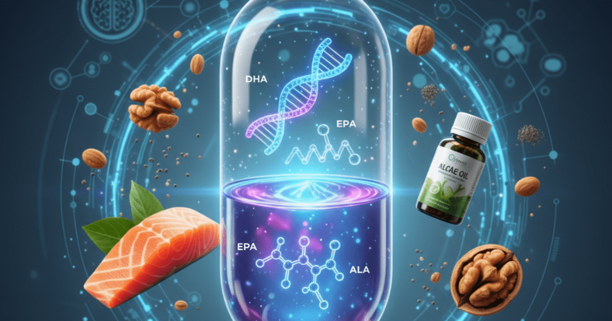 A high-tech infographic featuring a large supplement capsule containing a DNA strand and chemical structures for DHA, EPA, and ALA, surrounded by natural sources like salmon, walnuts, and algae oil against a blue digital circuit background.