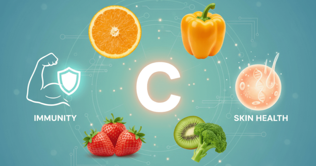 A digital infographic centered around a glowing white letter "C" on a teal background with circuit-style lines. The image features four groups of Vitamin C-rich foods: an orange slice, a yellow bell pepper, strawberries, and a kiwi with broccoli. On the left, a muscular arm with a shield icon represents "IMMUNITY," and on the right, a glowing cell with a DNA strand represents "SKIN HEALTH."