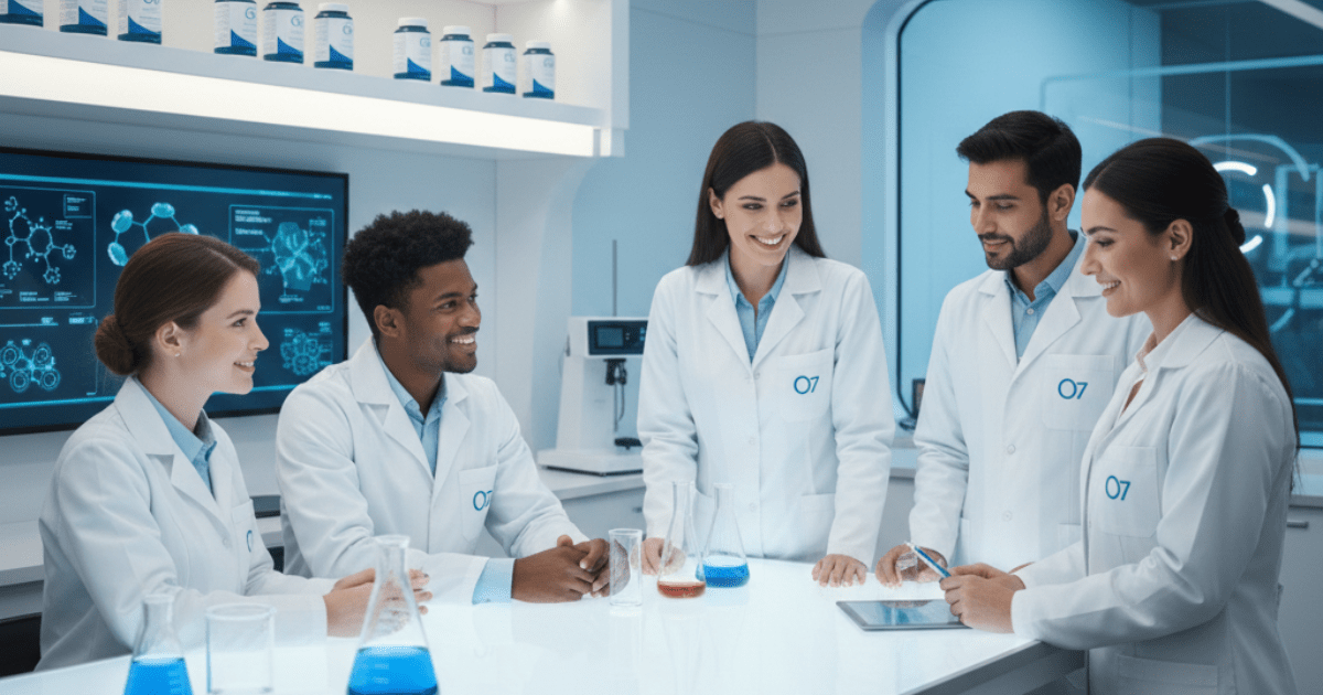 A diverse team of five medical professionals in white lab coats with "O7" logos collaborating around a glowing digital table in a modern pharmacy laboratory.