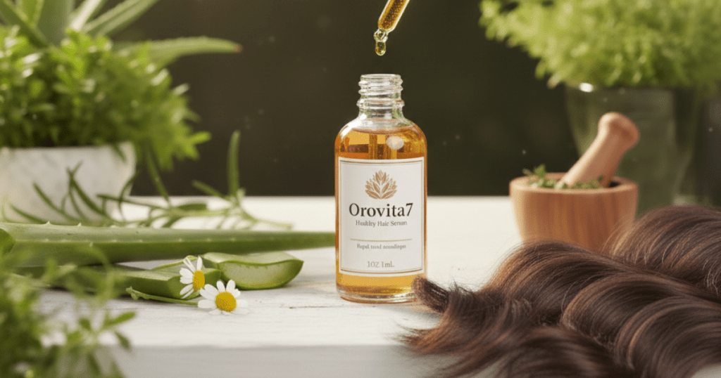 Orovita7 healthy hair serum bottle with herbal ingredients, aloe vera, and dropper for natural hair nourishment and strength