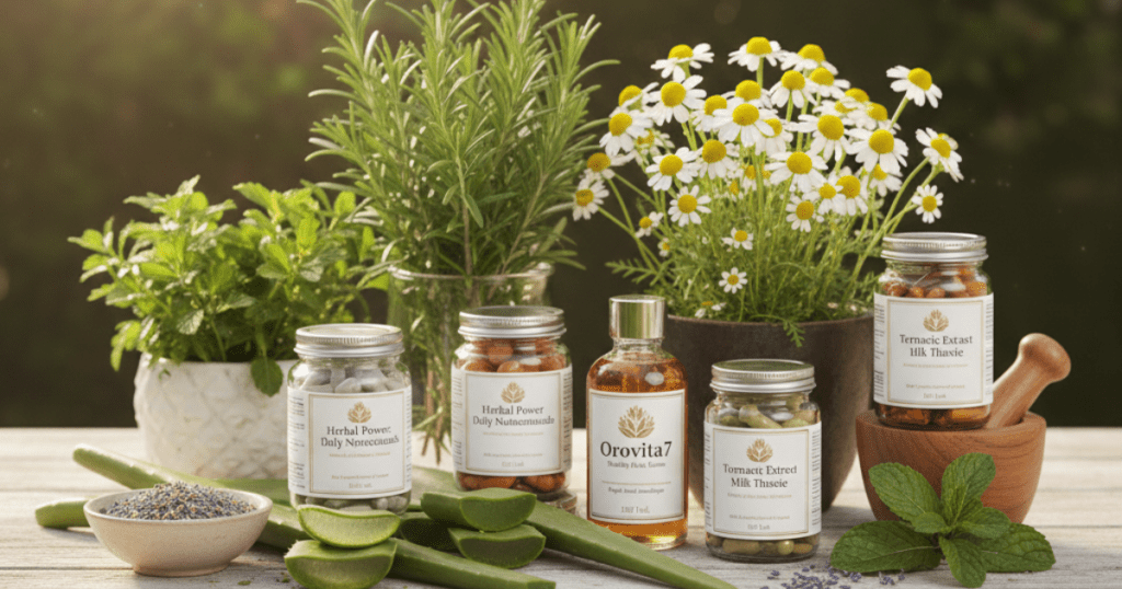 Orovita7 herbal nutraceutical bottles with fresh medicinal herbs, aloe vera, chamomile flowers, and natural ingredients for wellness support