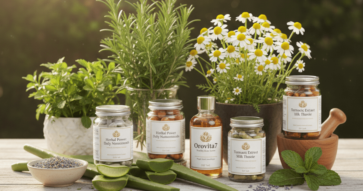 Orovita7 herbal nutraceutical bottles with fresh medicinal herbs, aloe vera, chamomile flowers, and natural ingredients for wellness support