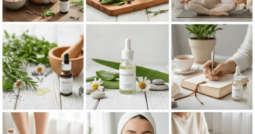 A diverse collection of professional lifestyle and product images for the brand OROVITA7 "Revive Naturally," featuring high-quality pharmaceutical settings, hair care vitality shots for men and women, natural serums with botanical ingredients like aloe and chamomile, and illustrated guides for emotional and physical self-care