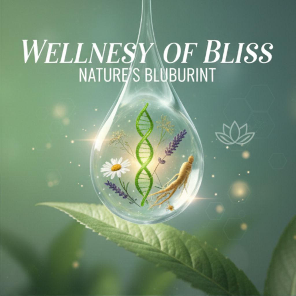 A close-up of a large, transparent water drop hanging from a leaf, containing a green DNA helix surrounded by floating botanical ingredients like chamomile and ginseng.