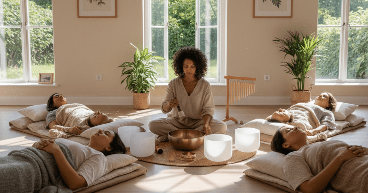 A facilitator sits in a sunlit room surrounded by singing bowls while four participants lie on mats with their eyes closed in a meditation.