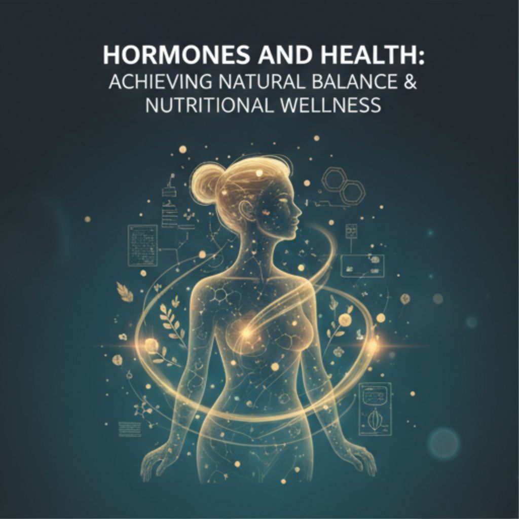 A glowing, ethereal silhouette of a woman’s body with golden light points at key nodes, surrounded by orbital rings containing various botanical illustrations Hormones