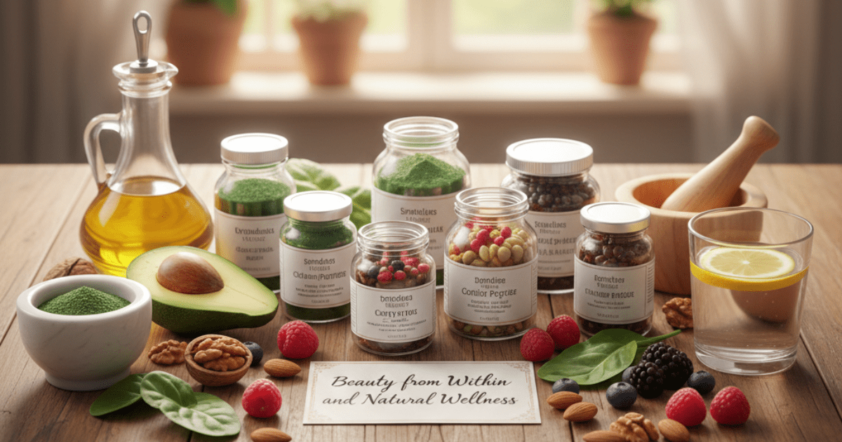 Natural beauty supplements with herbs, berries, avocado, nuts and olive oil arranged on a wooden table