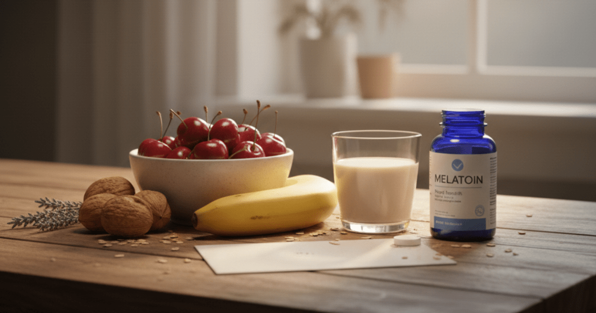 Melatonin sleep support supplement with cherries, banana, milk and nuts on a wooden table for natural sleep wellness