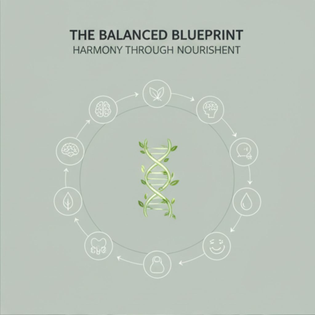 Two hands cupped together in a misty forest setting, holding a glowing orb that encases a green DNA helix with floating mint and lavender leaves. hormones