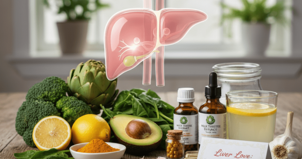 Natural liver detox support with healthy foods and herbal supplements alongside a liver health illustration on a wooden table