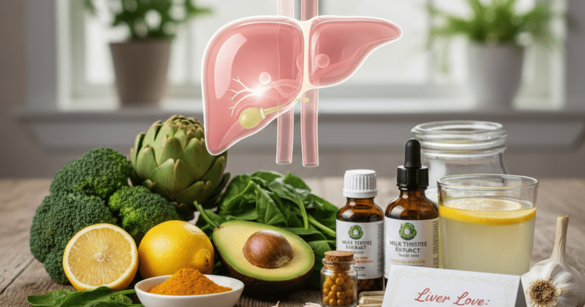 Natural liver detox support with healthy foods and herbal supplements alongside a liver health illustration on a wooden table