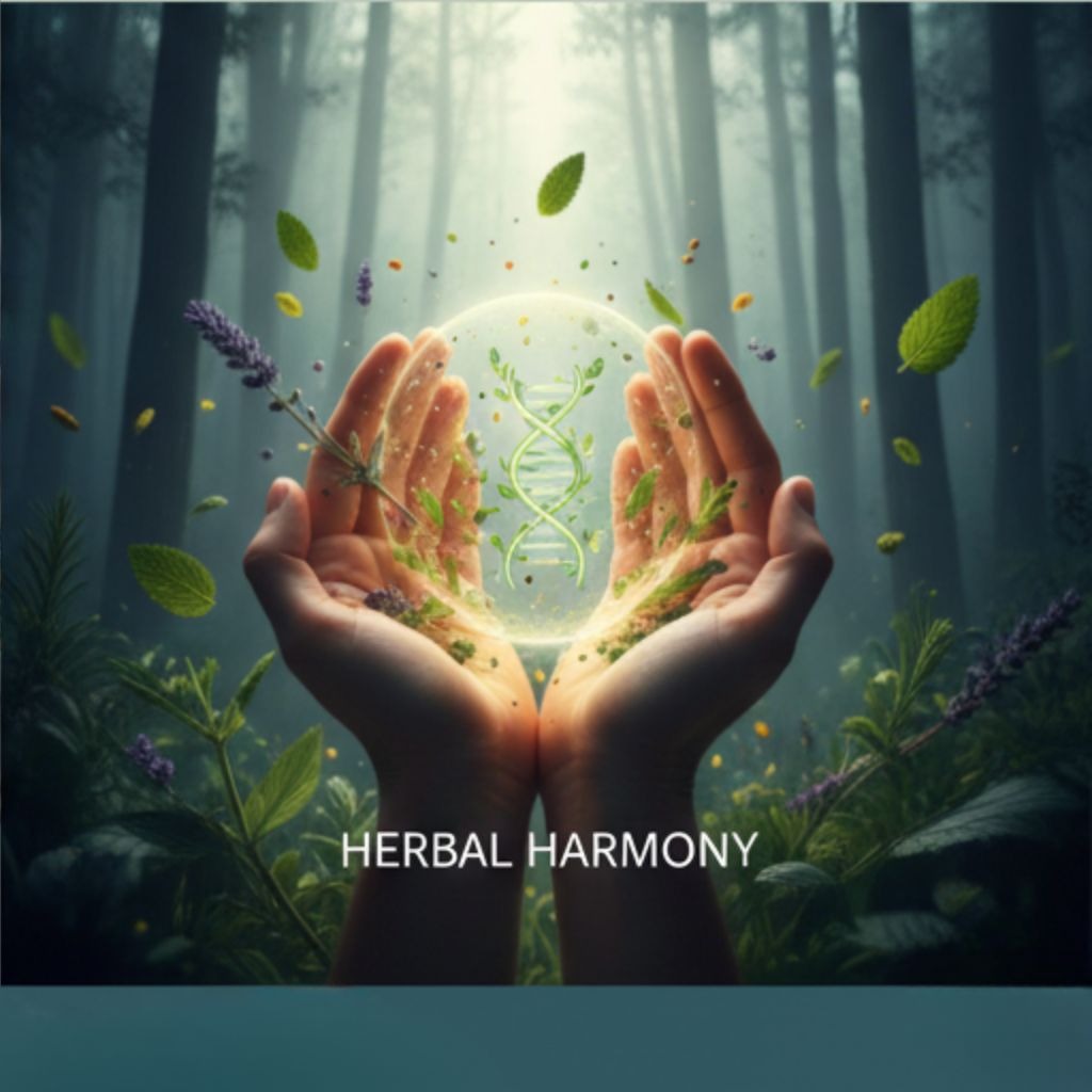 Two hands cupped together in a misty forest setting, holding a glowing orb that encases a green DNA helix with floating mint and lavender leaves. hormones