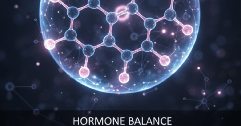 A 3D digital illustration of a glowing molecular structure encased in a translucent blue sphere, symbolizing hormone balance. The molecule features pink and blue nodes connected by glowing bonds against a dark, bokeh-style background with "HORMONE BALANCE" written in white text at the bottom.