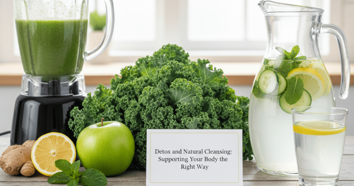 A bright kitchen counter featuring a blender filled with green smoothie, a large bunch of kale, a green apple, fresh ginger, lemon, and a pitcher of infused water with cucumber and lemon slices. A white card in the center reads: "Detox and Natural Cleansing: Supporting Your Body the Right Way."