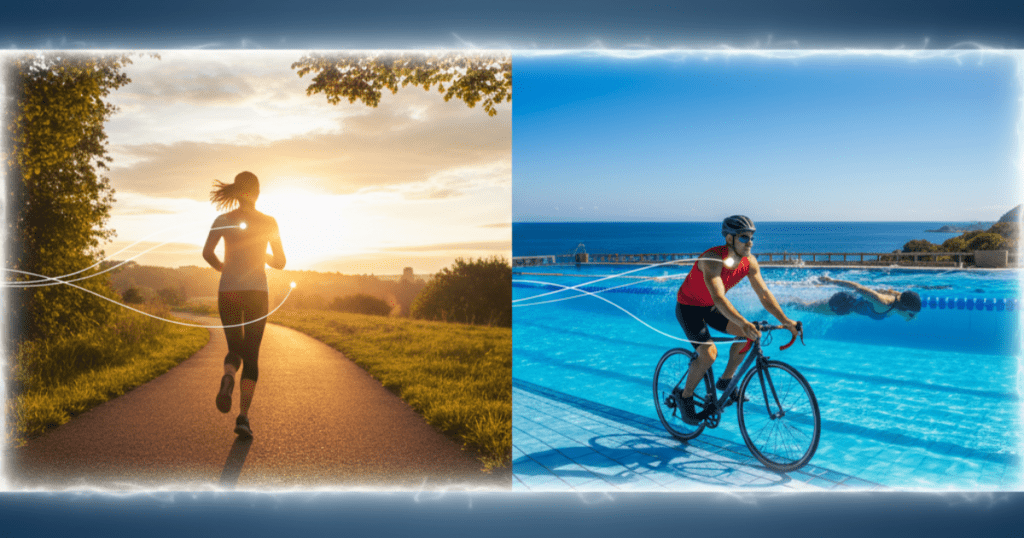 A split-screen image showcasing three types of cardio exercise: the left side shows a woman running on a path during a golden sunset, and the right side shows a man cycling next to an outdoor pool where a woman is swimming. White glowing energy lines connect the athletes, emphasizing movement and endurance.