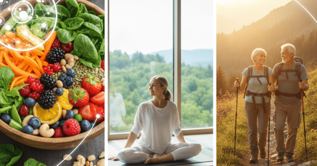 A three-panel collage showcasing a vibrant bowl of nutrient-dense fruits and vegetables, a woman meditating by a window with a forest view, and an active senior couple hiking together in the mountains during a golden sunset. vitality