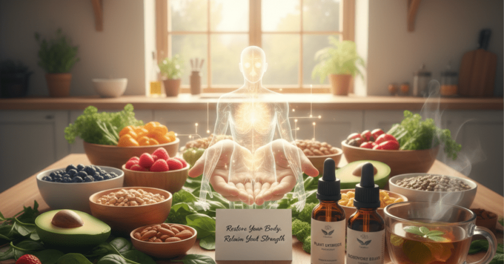 A serene kitchen scene featuring plant-based whole foods, herbal supplements, and a glowing human figure symbolizing natural healing and recovery for Orovita7 Nutraceuticals. Recovery