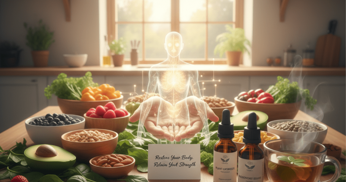 A serene kitchen scene featuring plant-based whole foods, herbal supplements, and a glowing human figure symbolizing natural healing and recovery for Orovita7 Nutraceuticals. Recovery