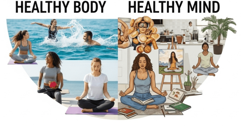 A circular four-quadrant collage showing people engaged in healthy habits. Top-left: A woman drinking water surrounded by fresh fruits and vegetables under the text "Healthy Body." Top-right: Women running and stretching outdoors under the text "Healthy Mind." Bottom segments feature people meditating, swimming, and painting to illustrate mental and physical harmony.