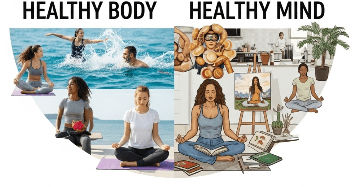 A circular four-quadrant collage showing people engaged in healthy habits. Top-left: A woman drinking water surrounded by fresh fruits and vegetables under the text "Healthy Body." Top-right: Women running and stretching outdoors under the text "Healthy Mind." Bottom segments feature people meditating, swimming, and painting to illustrate mental and physical harmony.
