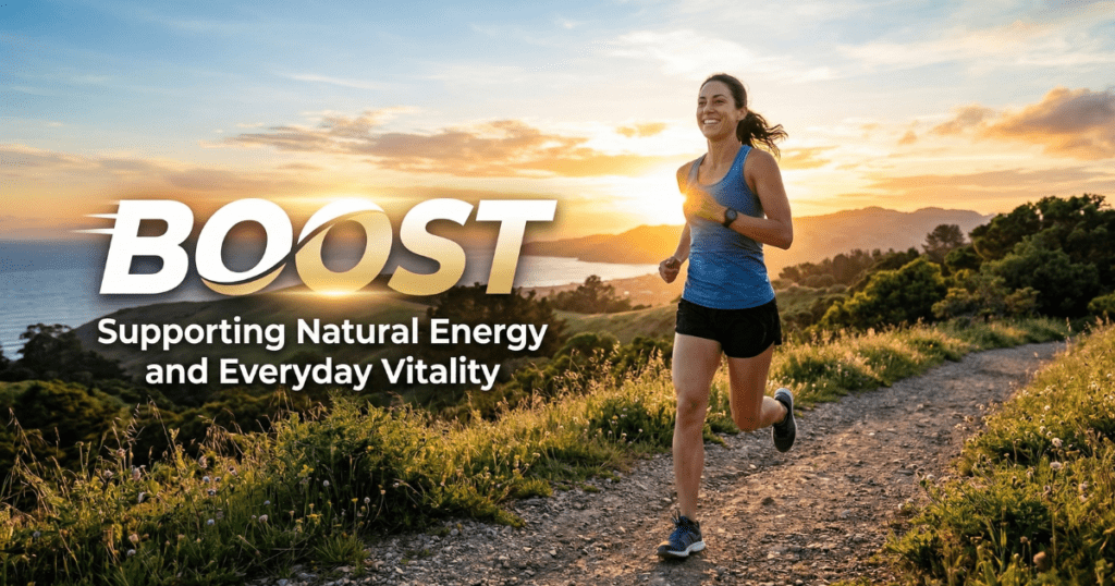 A woman jogging on a scenic mountain trail during a golden sunrise, featuring the text "BOOST: Supporting Natural Energy and Everyday Vitality" to represent health and wellness.