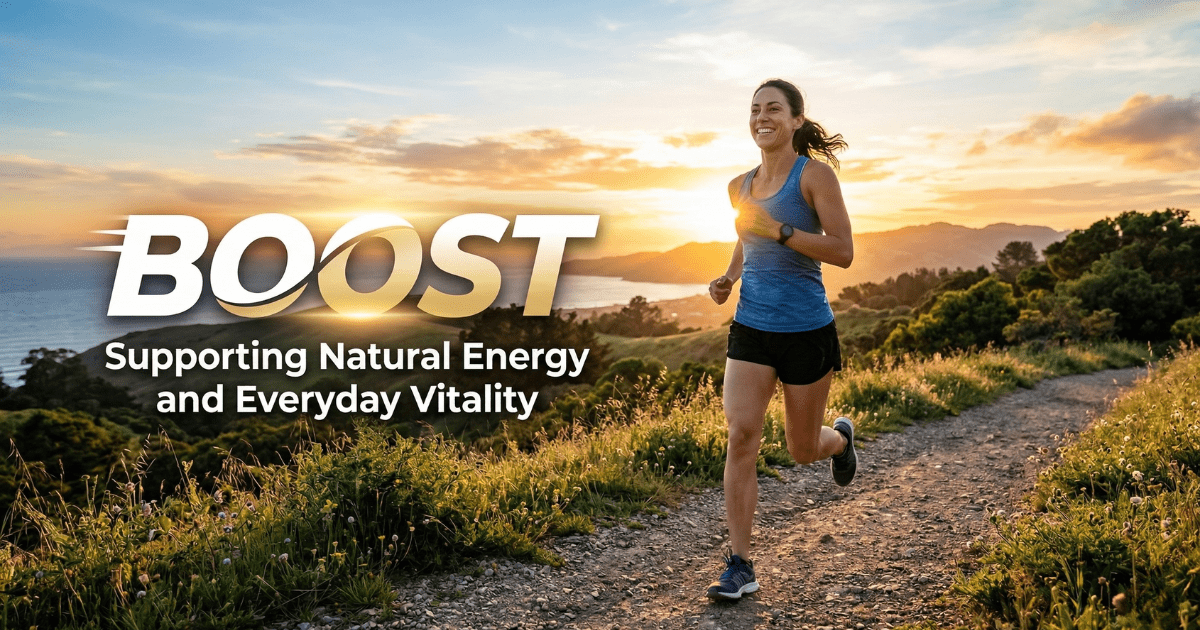 A woman jogging on a scenic mountain trail during a golden sunrise, featuring the text "BOOST: Supporting Natural Energy and Everyday Vitality" to represent health and wellness.