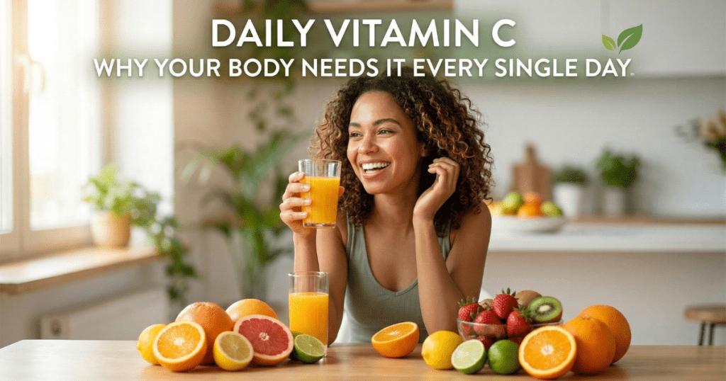 A smiling woman with curly hair holds a glass of orange juice in a kitchen. She is surrounded by fresh citrus fruits like oranges, lemons, limes, and grapefruits, as well as a bowl of strawberries and kiwi, all arranged on a wooden table.