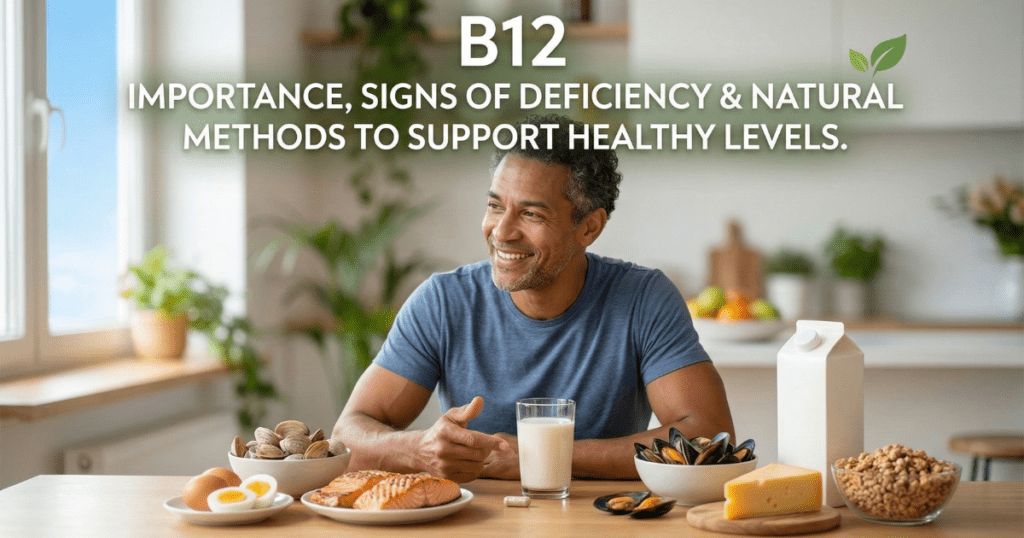 A smiling man sitting at a kitchen table with a variety of Vitamin B12-rich foods, including salmon, eggs, clams, mussels, cheese, a glass of milk, and fortified cereal. The background is a bright, airy kitchen with the text "B12: Importance, Signs of Deficiency & Natural Methods to Support Healthy Levels" overlaid at the top.