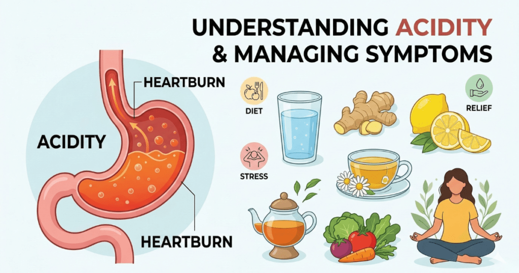A medical-style illustration titled "Understanding Acidity & Managing Symptoms." It shows a cross-section of a stomach with acid reflux leading to heartburn. Adjacent icons represent lifestyle management tools including diet, stress relief, hydration, herbal tea, and a person practicing yoga for digestive health.